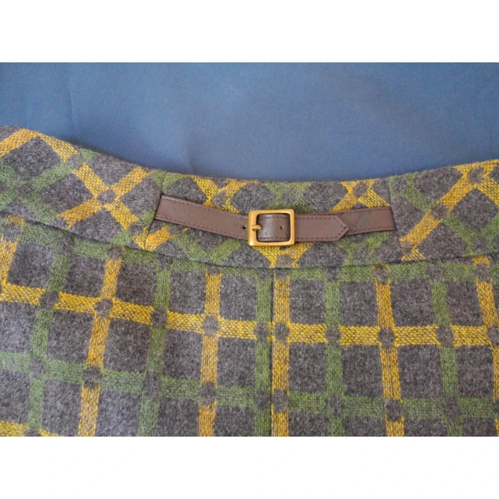 Ann Taylor Loft Skirt Womens 4P Gray Green Yellow Plaid Wool Blend Buckle A-Line